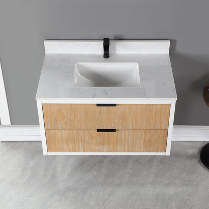 Dione 36" Single Bathroom Vanity in Weathered Pine with Aosta White Engineered Stone Countertop without Mirror