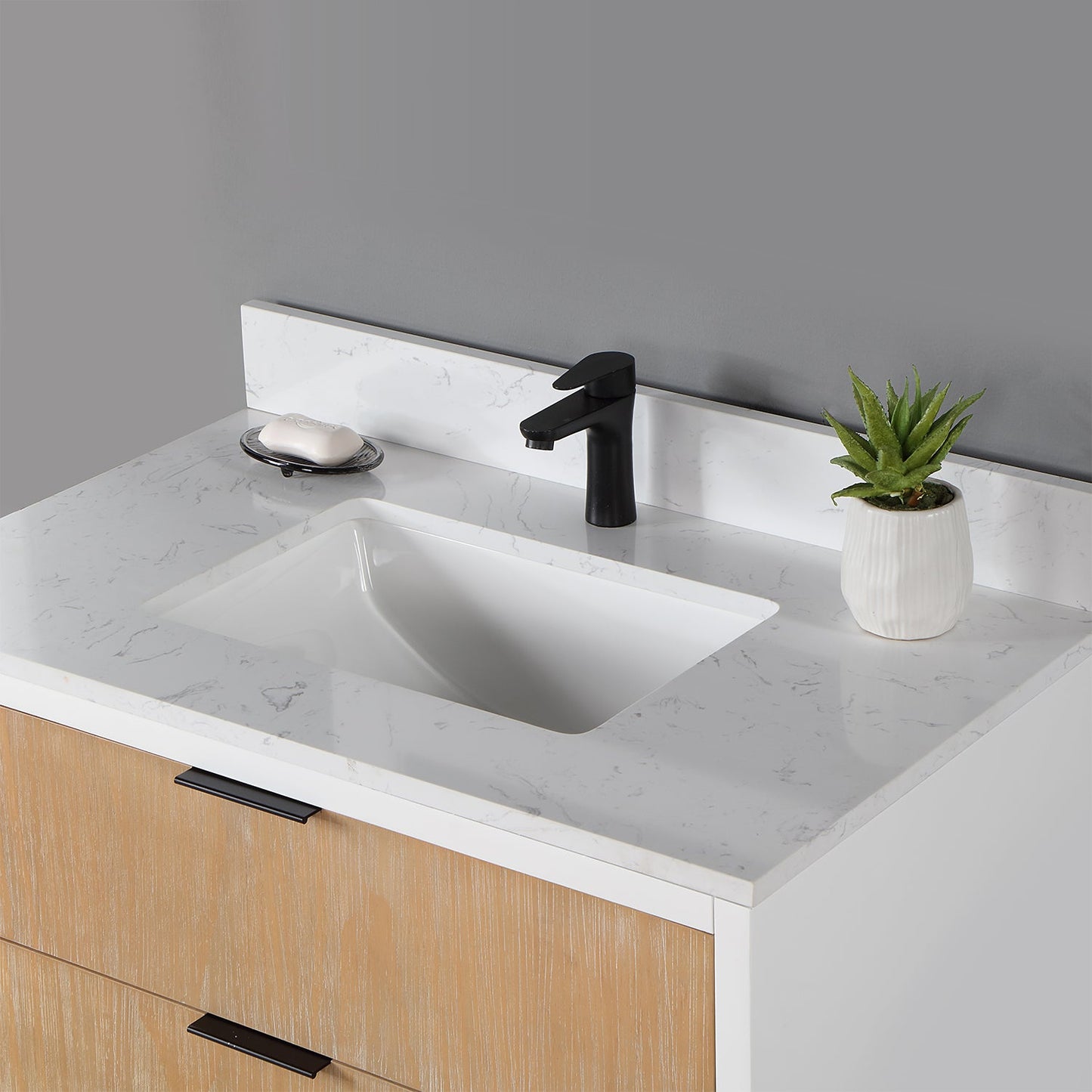 Dione 36" Single Bathroom Vanity in Weathered Pine with Aosta White Engineered Stone Countertop without Mirror