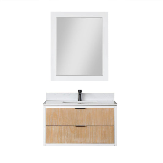 Dione 36" Single Bathroom Vanity in Weathered Pine with Aosta White Engineered Stone Countertop with Mirror