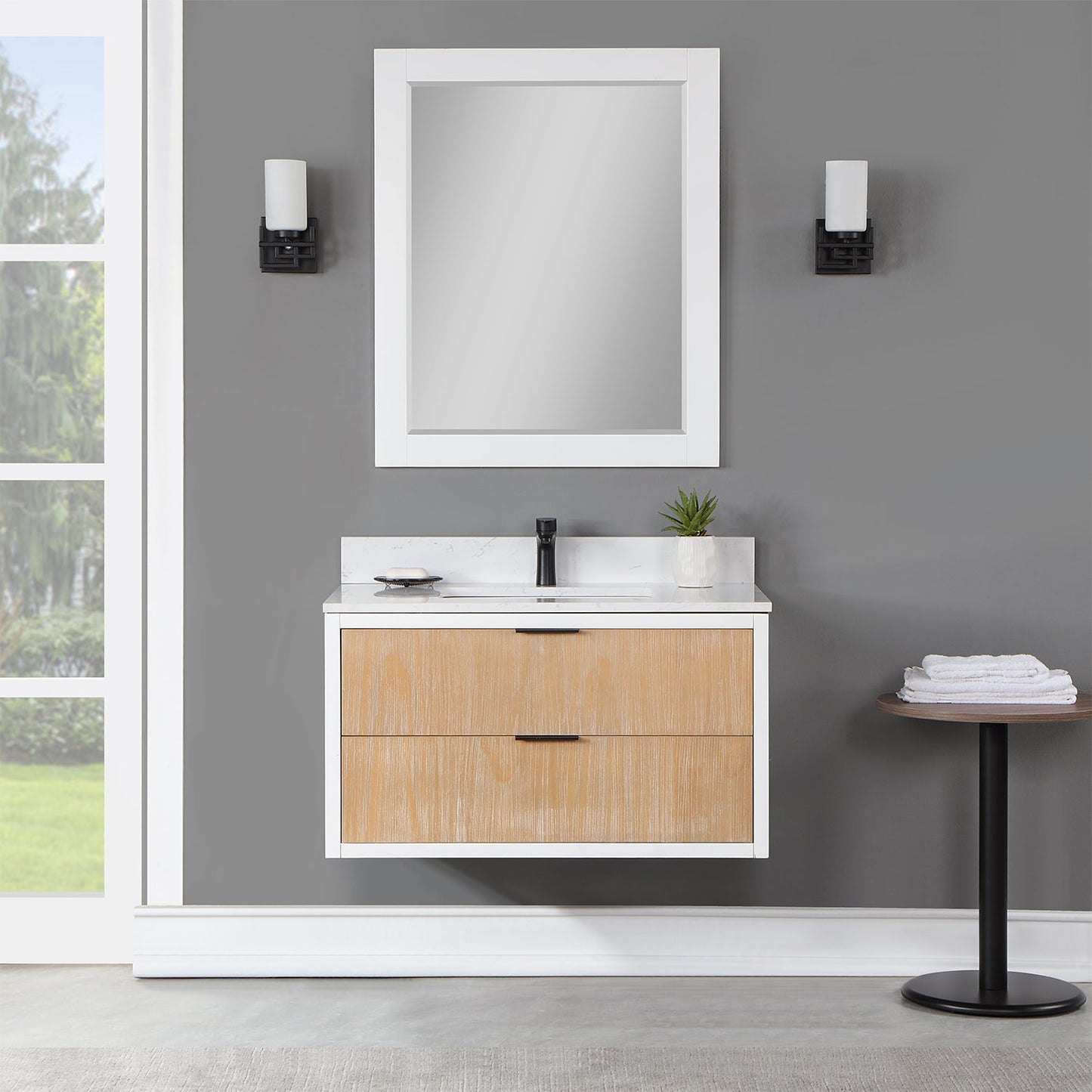 Dione 36" Single Bathroom Vanity in Weathered Pine with Aosta White Engineered Stone Countertop with Mirror