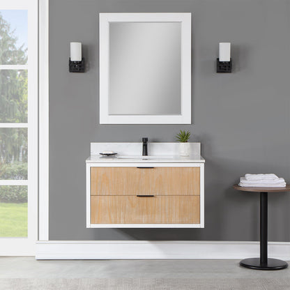 Dione 36" Single Bathroom Vanity in Weathered Pine with Aosta White Engineered Stone Countertop with Mirror