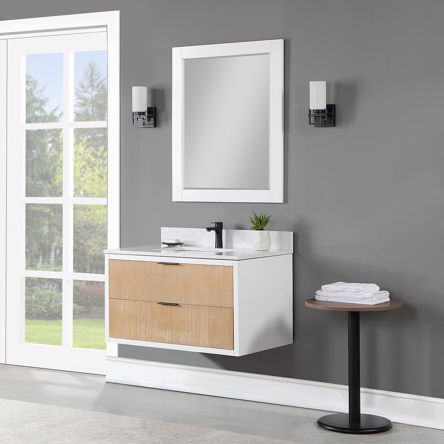 Dione 36" Single Bathroom Vanity in Weathered Pine with Aosta White Engineered Stone Countertop with Mirror