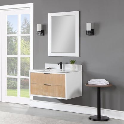 Dione 36" Single Bathroom Vanity in Weathered Pine with Aosta White Engineered Stone Countertop with Mirror