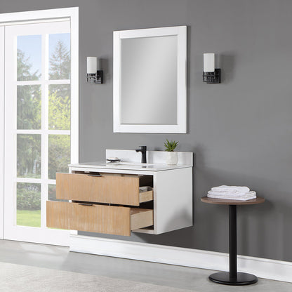 Dione 36" Single Bathroom Vanity in Weathered Pine with Aosta White Engineered Stone Countertop with Mirror