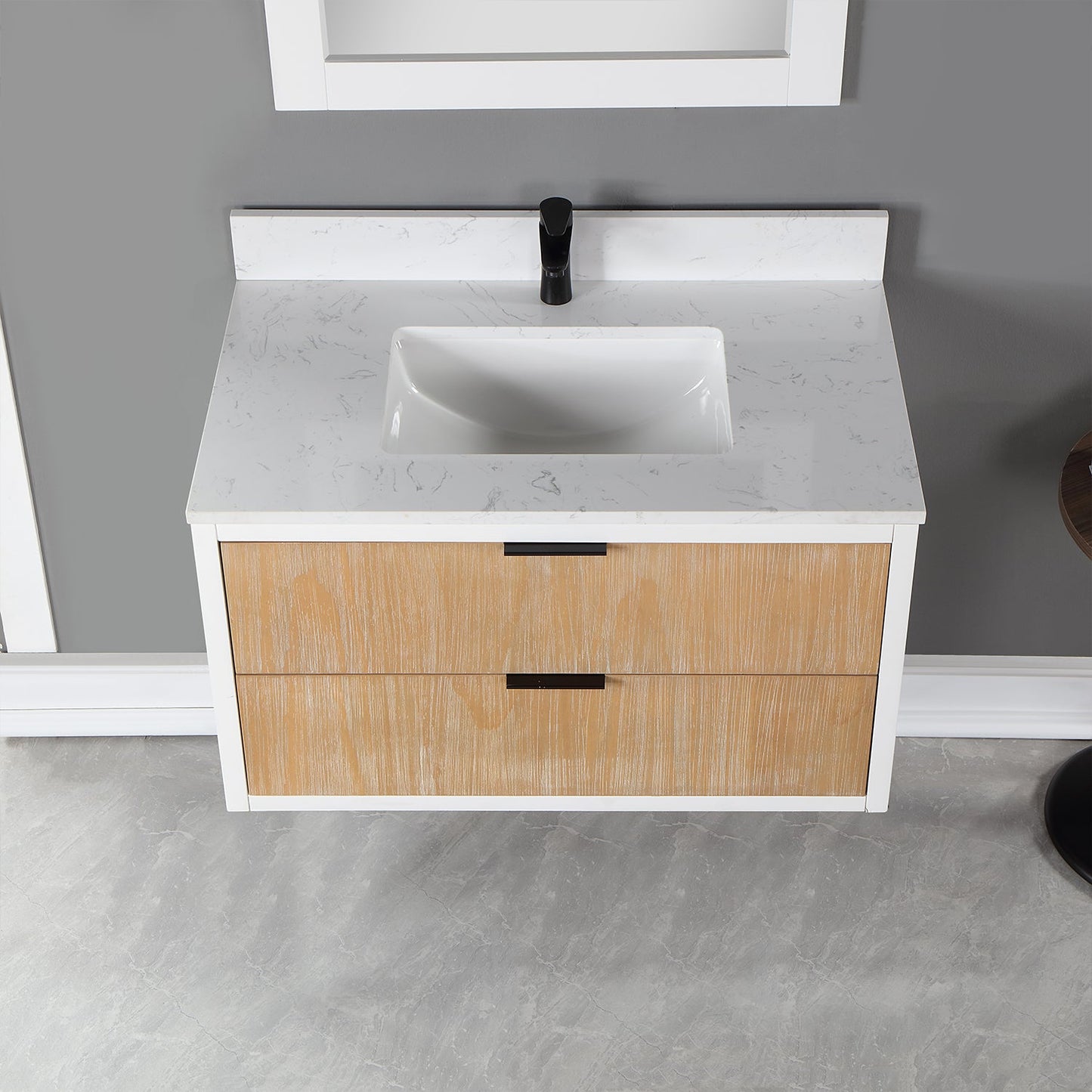 Dione 36" Single Bathroom Vanity in Weathered Pine with Aosta White Engineered Stone Countertop with Mirror