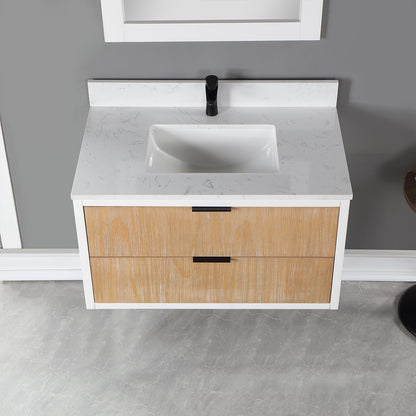 Dione 36" Single Bathroom Vanity in Weathered Pine with Aosta White Engineered Stone Countertop with Mirror