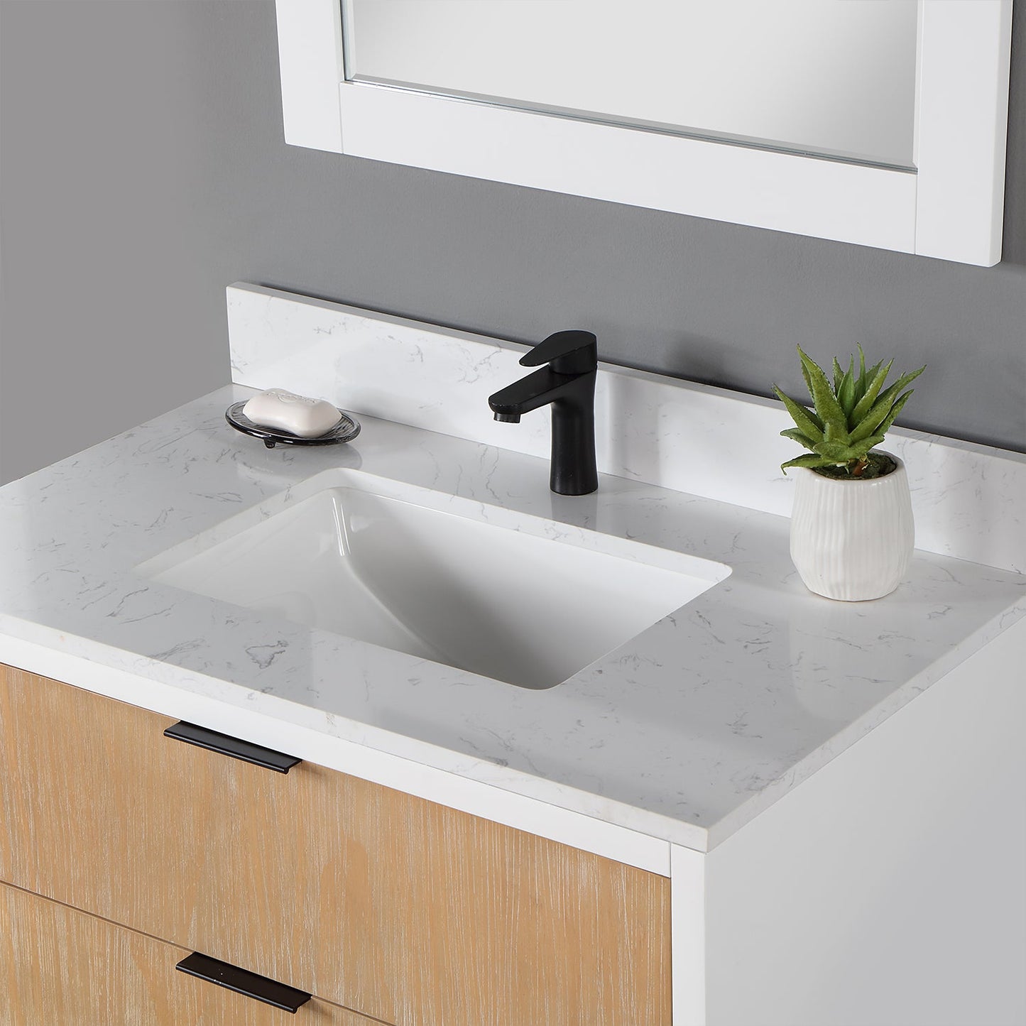 Dione 36" Single Bathroom Vanity in Weathered Pine with Aosta White Engineered Stone Countertop with Mirror