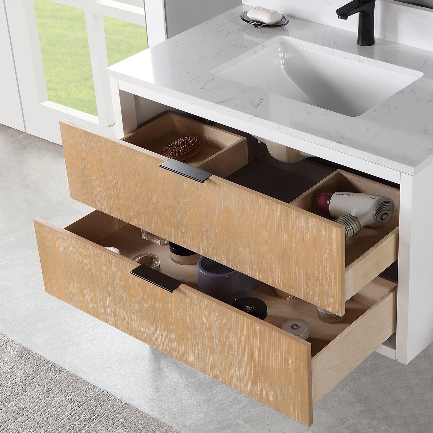 Dione 36" Single Bathroom Vanity in Weathered Pine with Aosta White Engineered Stone Countertop with Mirror
