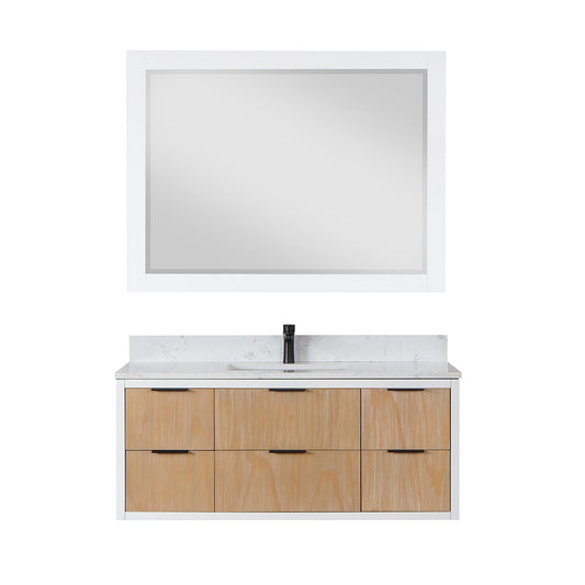 Dione 48" Single Bathroom Vanity in Weathered Pine with Aosta White Engineered Stone Countertop with Mirror