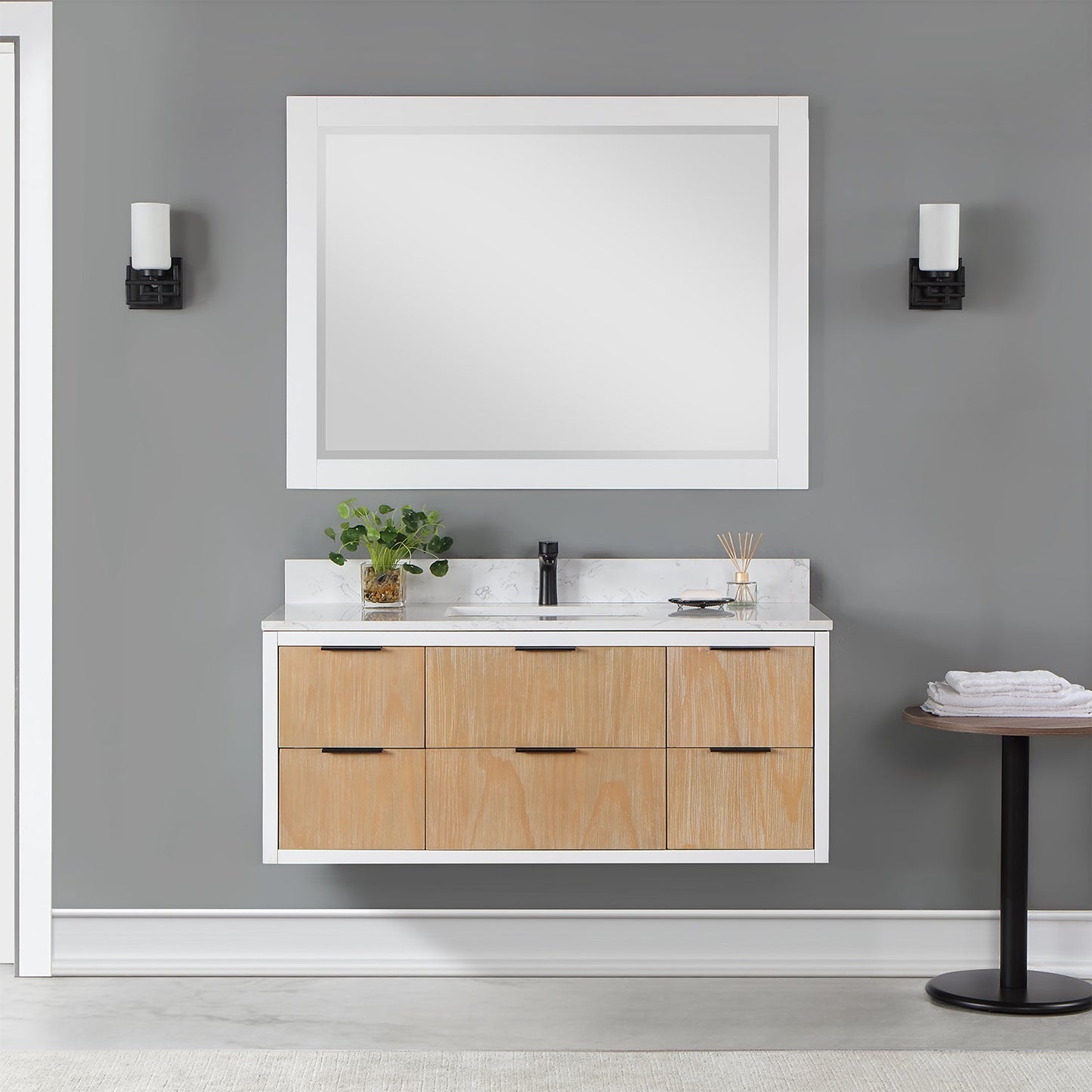 Dione 48" Single Bathroom Vanity in Weathered Pine with Aosta White Engineered Stone Countertop with Mirror
