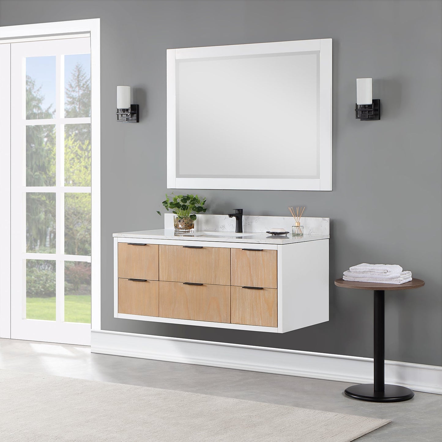 Dione 48" Single Bathroom Vanity in Weathered Pine with Aosta White Engineered Stone Countertop with Mirror