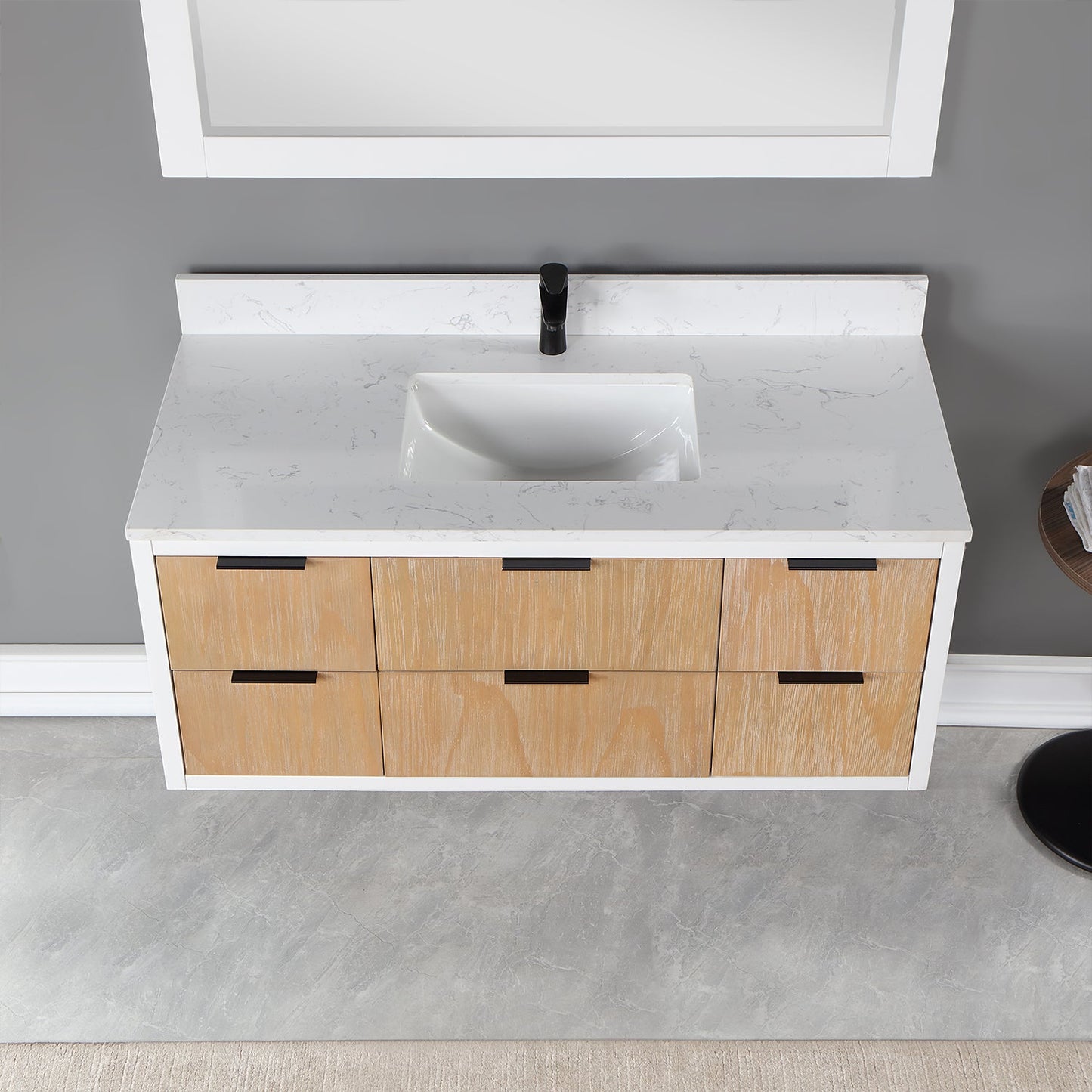 Dione 48" Single Bathroom Vanity in Weathered Pine with Aosta White Engineered Stone Countertop with Mirror