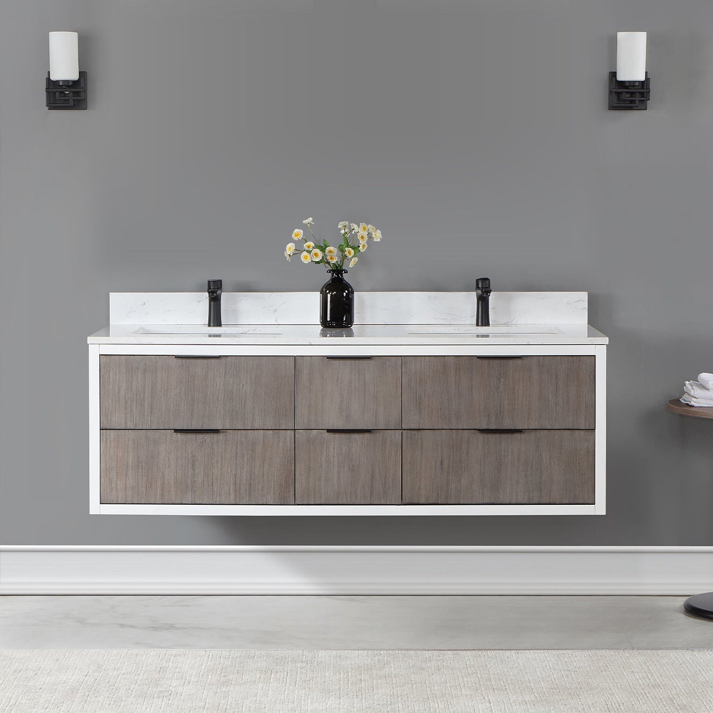 Dione 60" Double Bathroom Vanity in Classical Gray with Aosta White Engineered Stone Countertop without Mirror