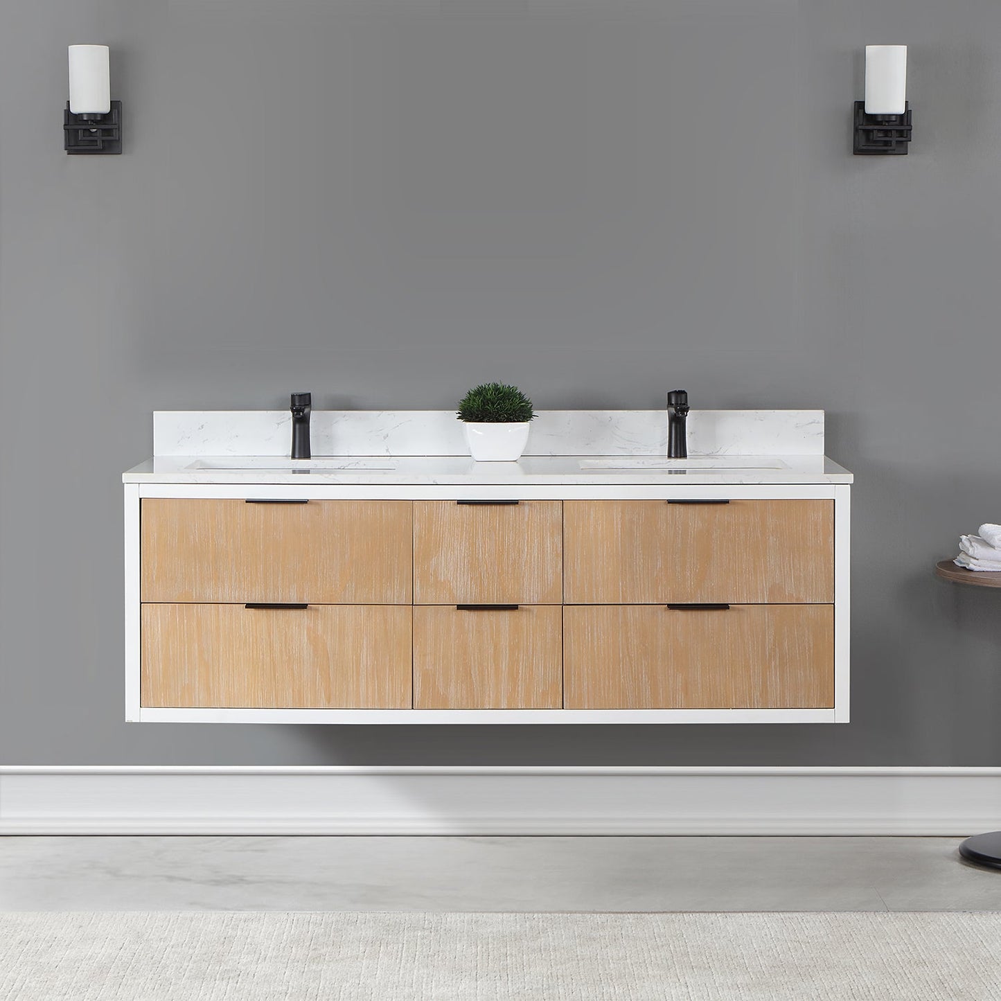 Dione 60" Double Bathroom Vanity in Weathered Pine with Aosta White Engineered Stone Countertop without Mirror