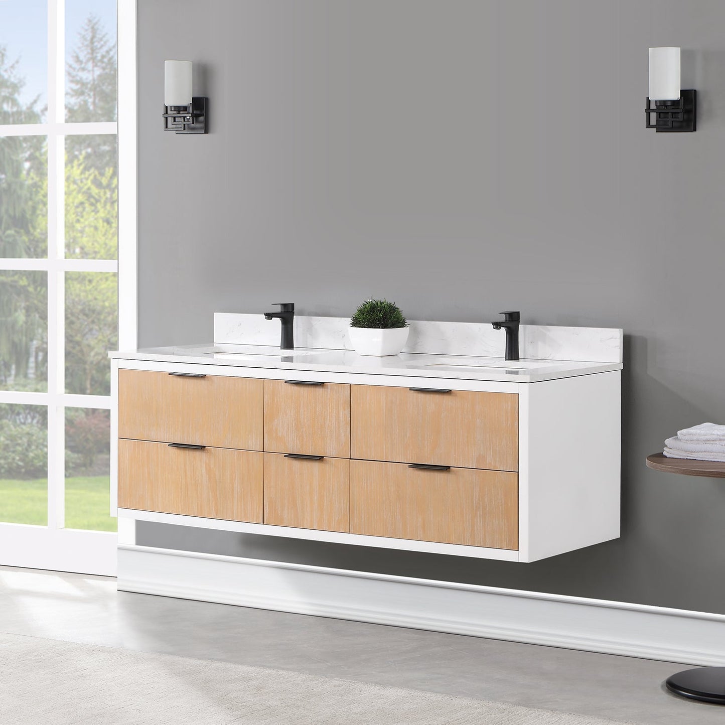 Dione 60" Double Bathroom Vanity in Weathered Pine with Aosta White Engineered Stone Countertop without Mirror