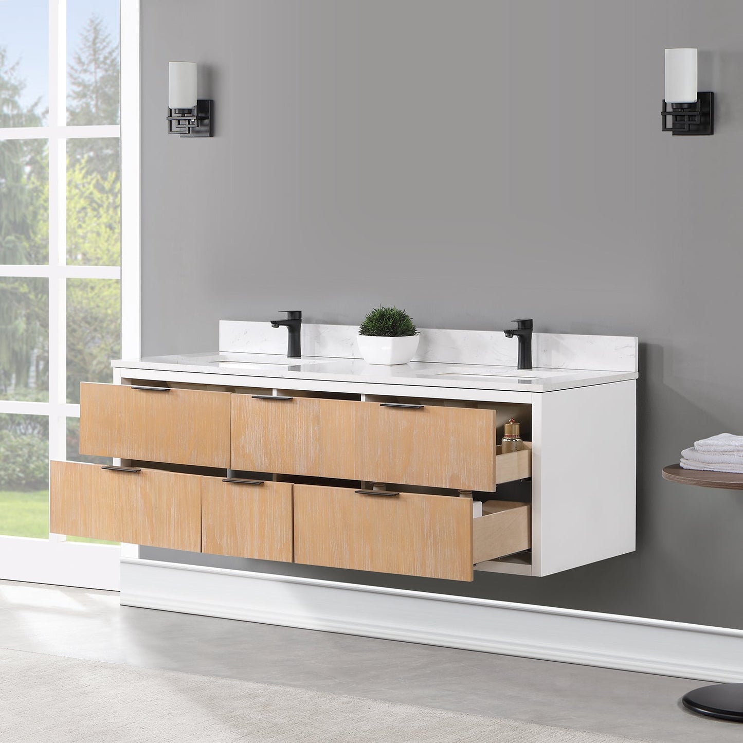 Dione 60" Double Bathroom Vanity in Weathered Pine with Aosta White Engineered Stone Countertop without Mirror
