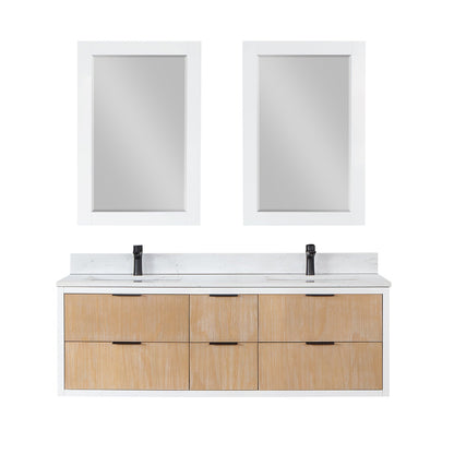 Dione 60" Double Bathroom Vanity in Weathered Pine with Aosta White Engineered Stone Countertop with Mirror