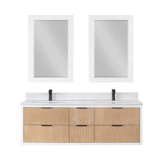 Dione 60" Double Bathroom Vanity in Weathered Pine with Aosta White Engineered Stone Countertop with Mirror