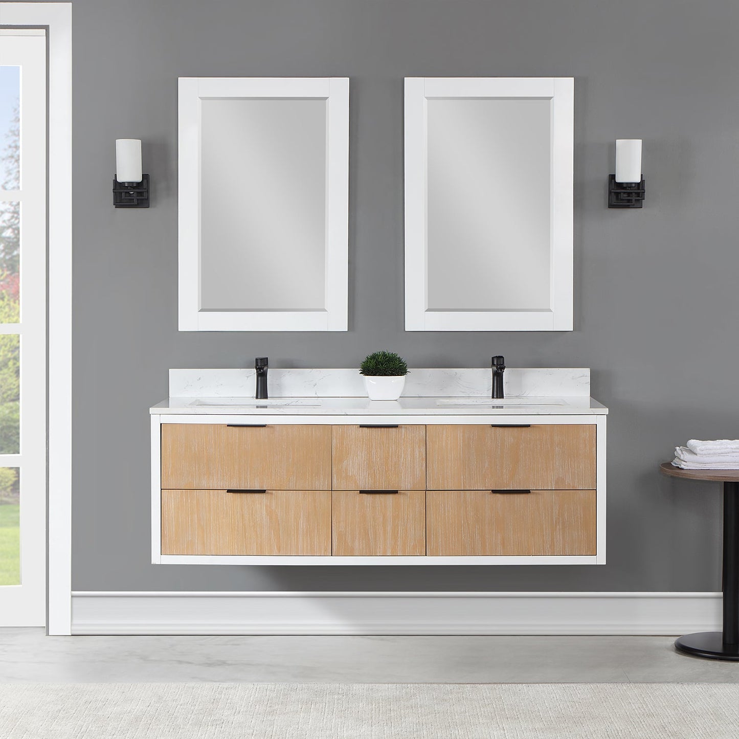 Dione 60" Double Bathroom Vanity in Weathered Pine with Aosta White Engineered Stone Countertop with Mirror