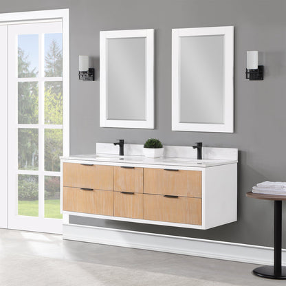 Dione 60" Double Bathroom Vanity in Weathered Pine with Aosta White Engineered Stone Countertop with Mirror