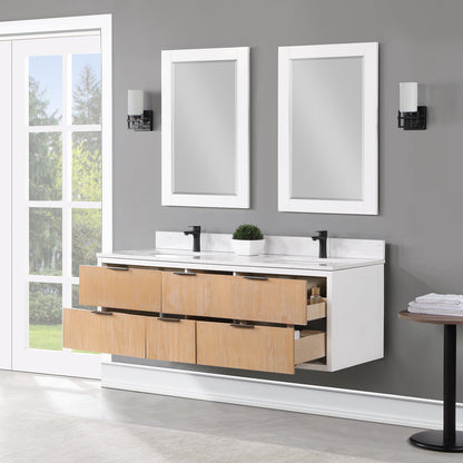 Dione 60" Double Bathroom Vanity in Weathered Pine with Aosta White Engineered Stone Countertop with Mirror