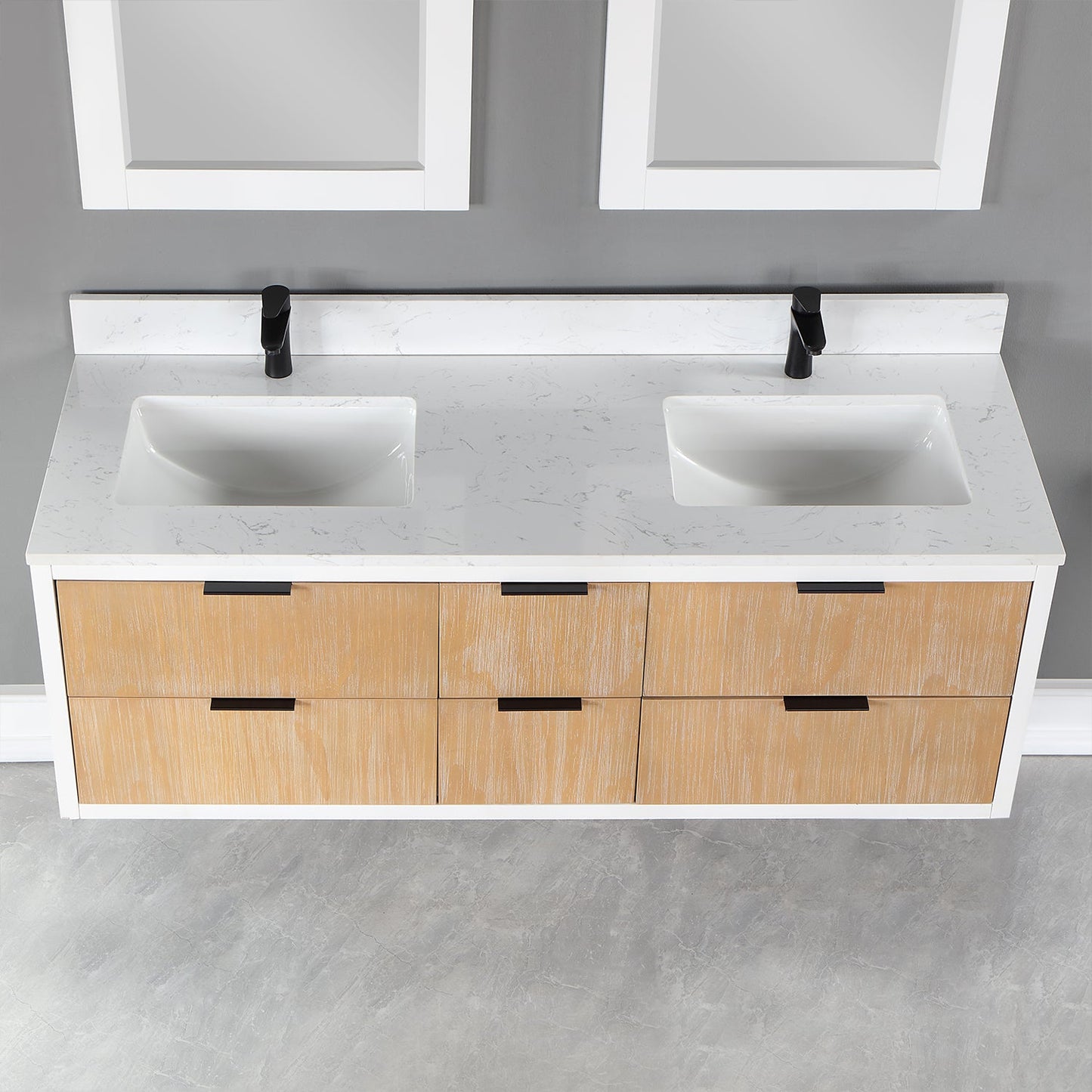 Dione 60" Double Bathroom Vanity in Weathered Pine with Aosta White Engineered Stone Countertop with Mirror
