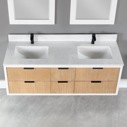 Dione 60" Double Bathroom Vanity in Weathered Pine with Aosta White Engineered Stone Countertop with Mirror