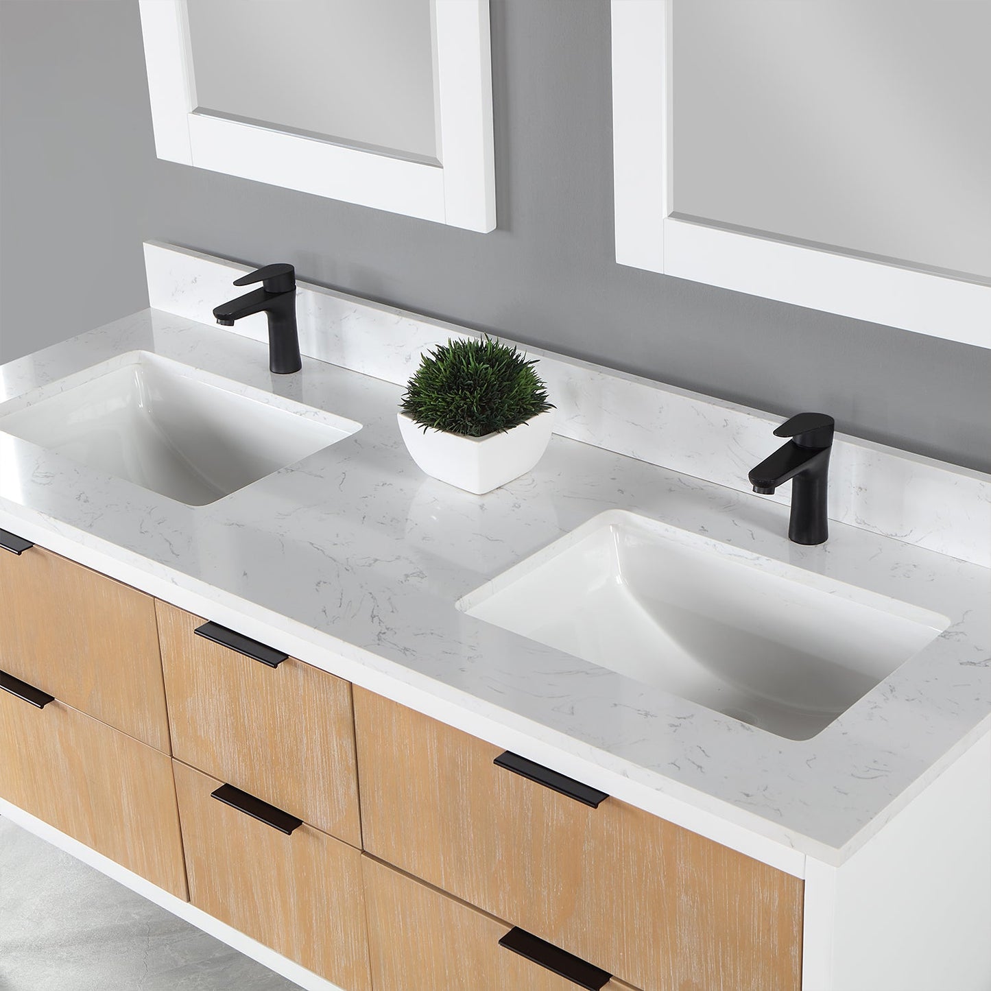 Dione 60" Double Bathroom Vanity in Weathered Pine with Aosta White Engineered Stone Countertop with Mirror