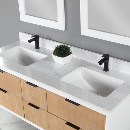 Dione 60" Double Bathroom Vanity in Weathered Pine with Aosta White Engineered Stone Countertop with Mirror