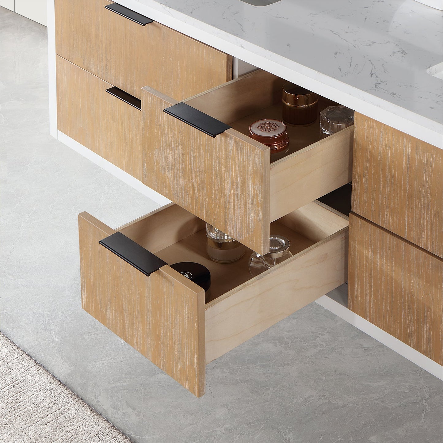 Dione 60" Double Bathroom Vanity in Weathered Pine with Aosta White Engineered Stone Countertop with Mirror