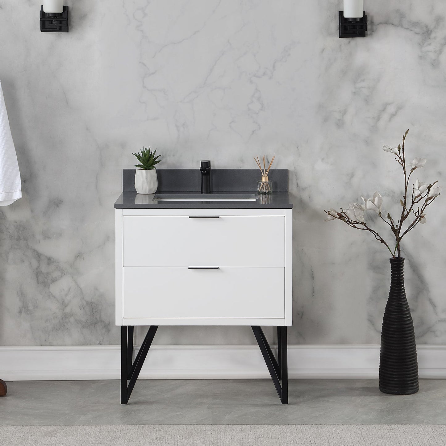 Helios 30" Single Bathroom Vanity in White with Concrete Gray Engineered Stone Countertop without Mirror