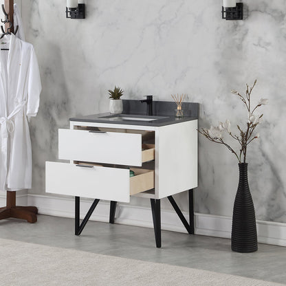 Helios 30" Single Bathroom Vanity in White with Concrete Gray Engineered Stone Countertop without Mirror