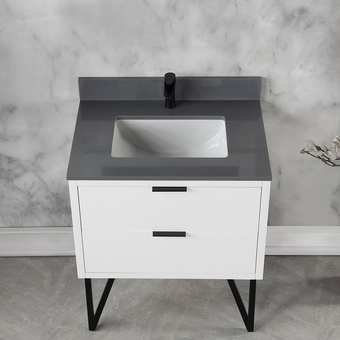 Helios 30" Single Bathroom Vanity in White with Concrete Gray Engineered Stone Countertop without Mirror