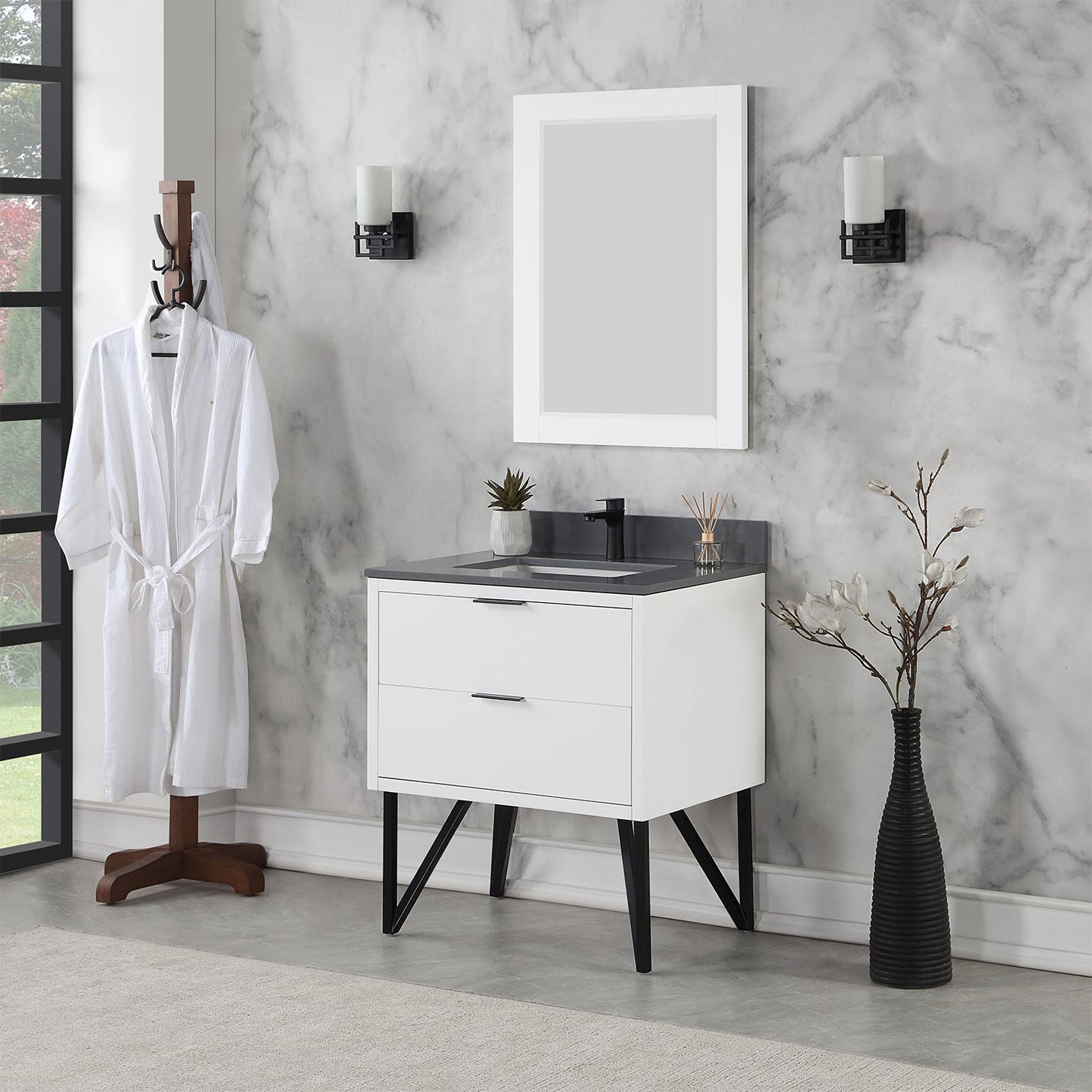 Helios 30" Single Bathroom Vanity in White with Concrete Gray Engineered Stone Countertop with Mirror