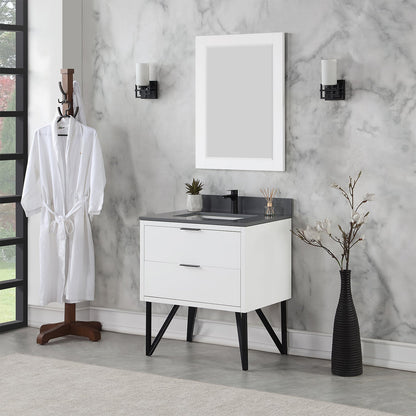 Helios 30" Single Bathroom Vanity in White with Concrete Gray Engineered Stone Countertop with Mirror
