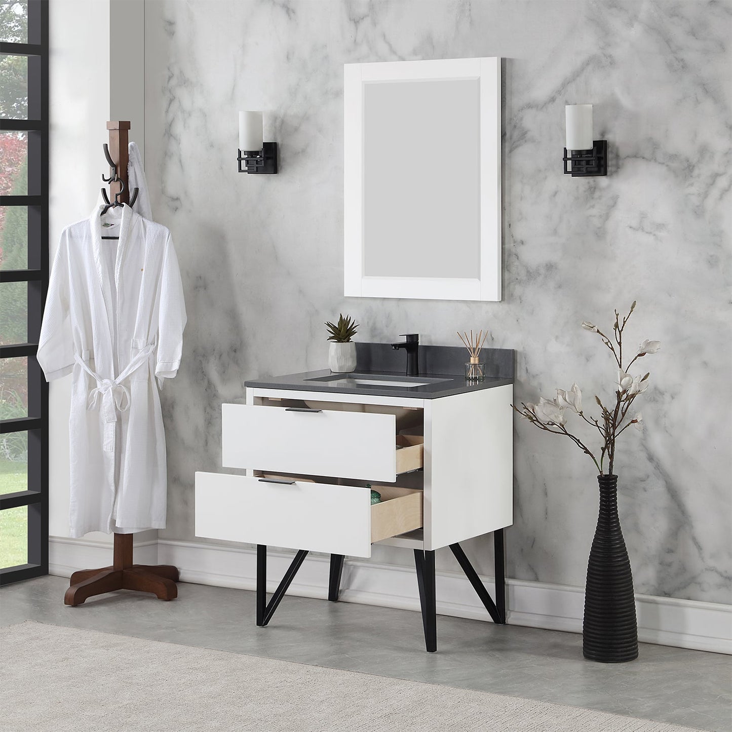 Helios 30" Single Bathroom Vanity in White with Concrete Gray Engineered Stone Countertop with Mirror