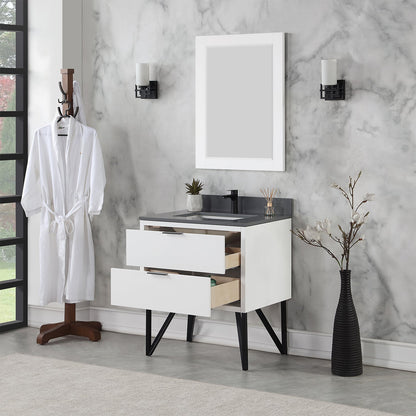 Helios 30" Single Bathroom Vanity in White with Concrete Gray Engineered Stone Countertop with Mirror