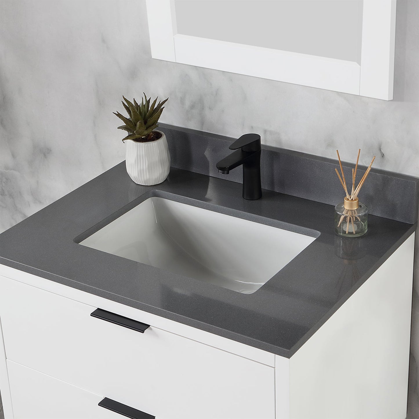 Helios 30" Single Bathroom Vanity in White with Concrete Gray Engineered Stone Countertop with Mirror