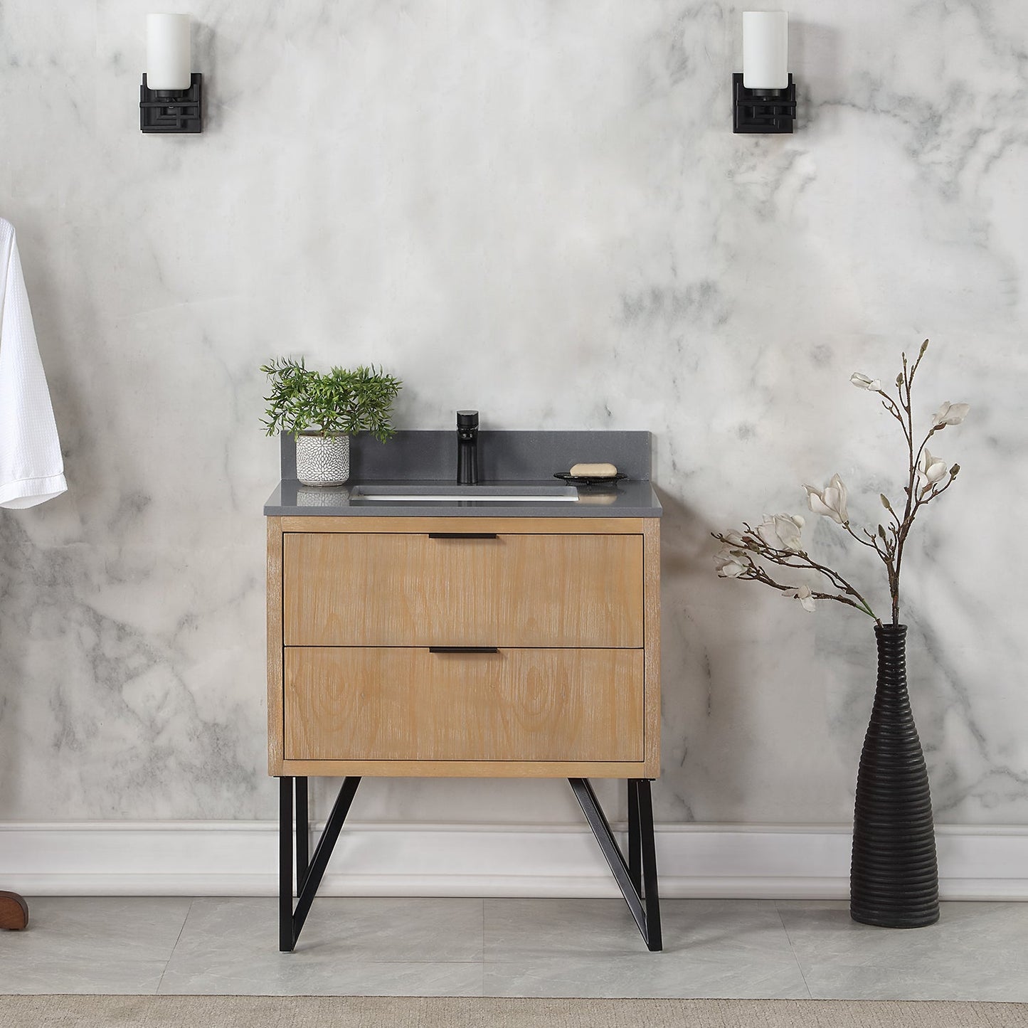 Helios 30" Single Bathroom Vanity in Weathered Pine with Carrara White Engineered Stone Countertop without Mirror