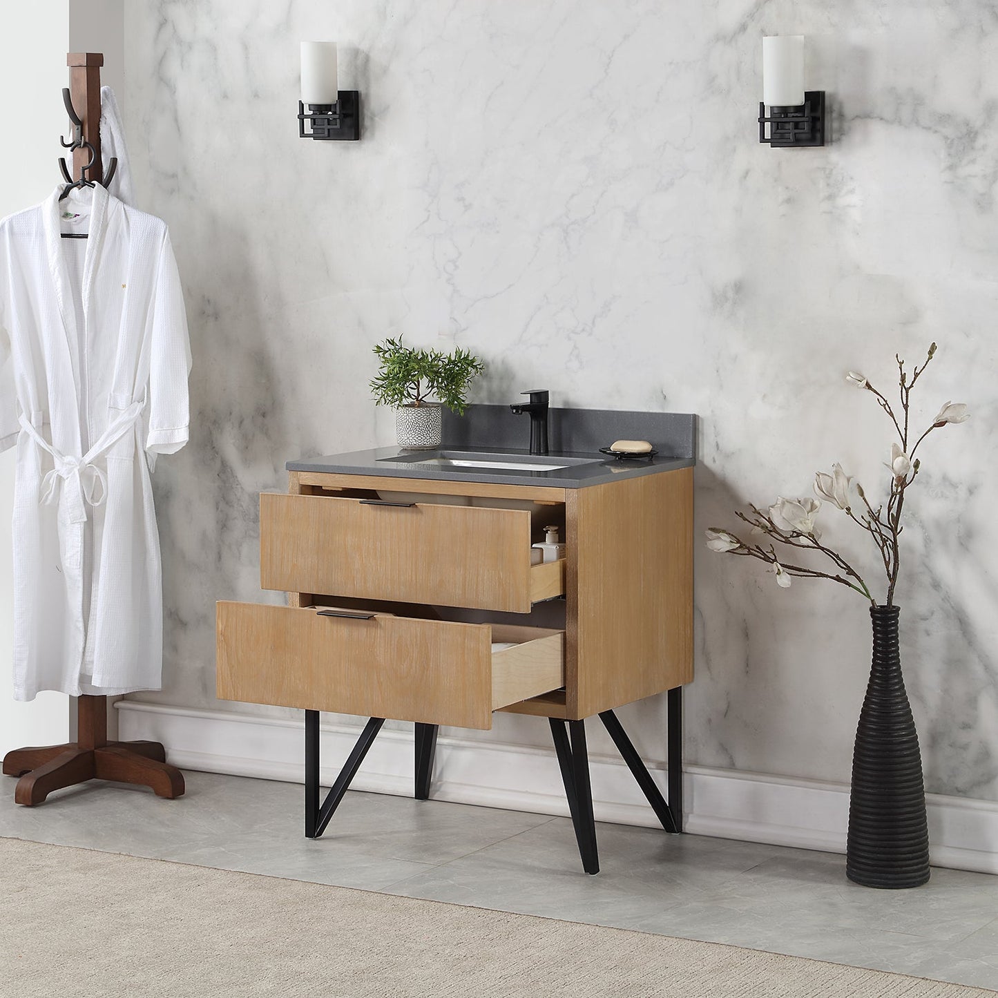 Helios 30" Single Bathroom Vanity in Weathered Pine with Carrara White Engineered Stone Countertop without Mirror