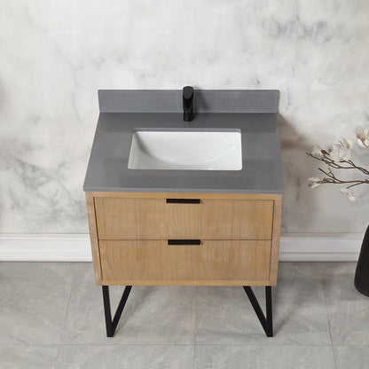 Helios 30" Single Bathroom Vanity in Weathered Pine with Carrara White Engineered Stone Countertop without Mirror