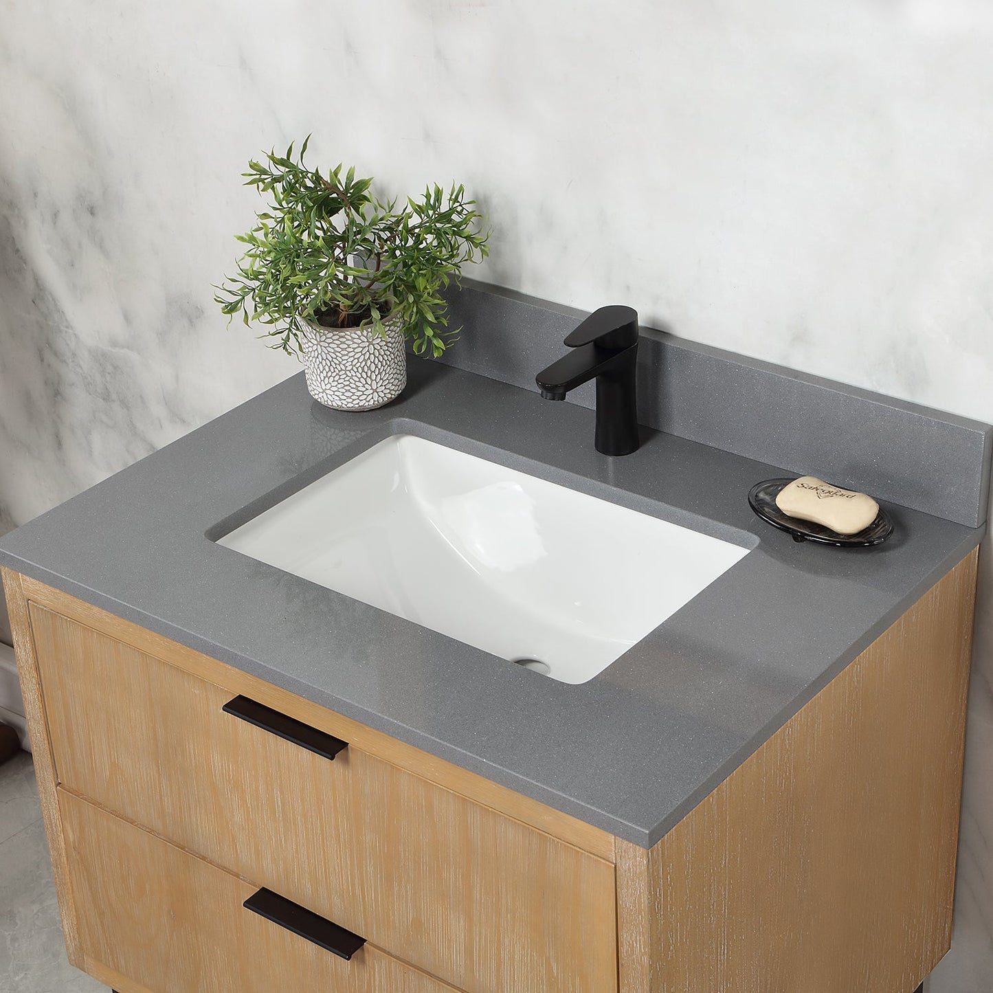 Helios 30" Single Bathroom Vanity in Weathered Pine with Carrara White Engineered Stone Countertop without Mirror
