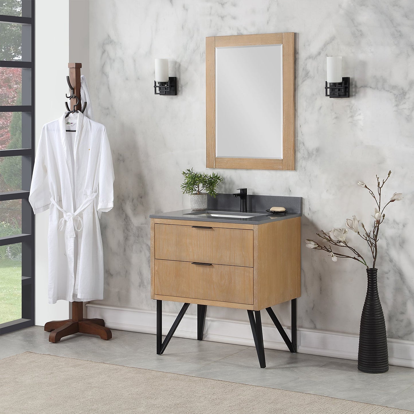 Helios 30" Single Bathroom Vanity in Weathered Pine with Carrara White Engineered Stone Countertop with Mirror