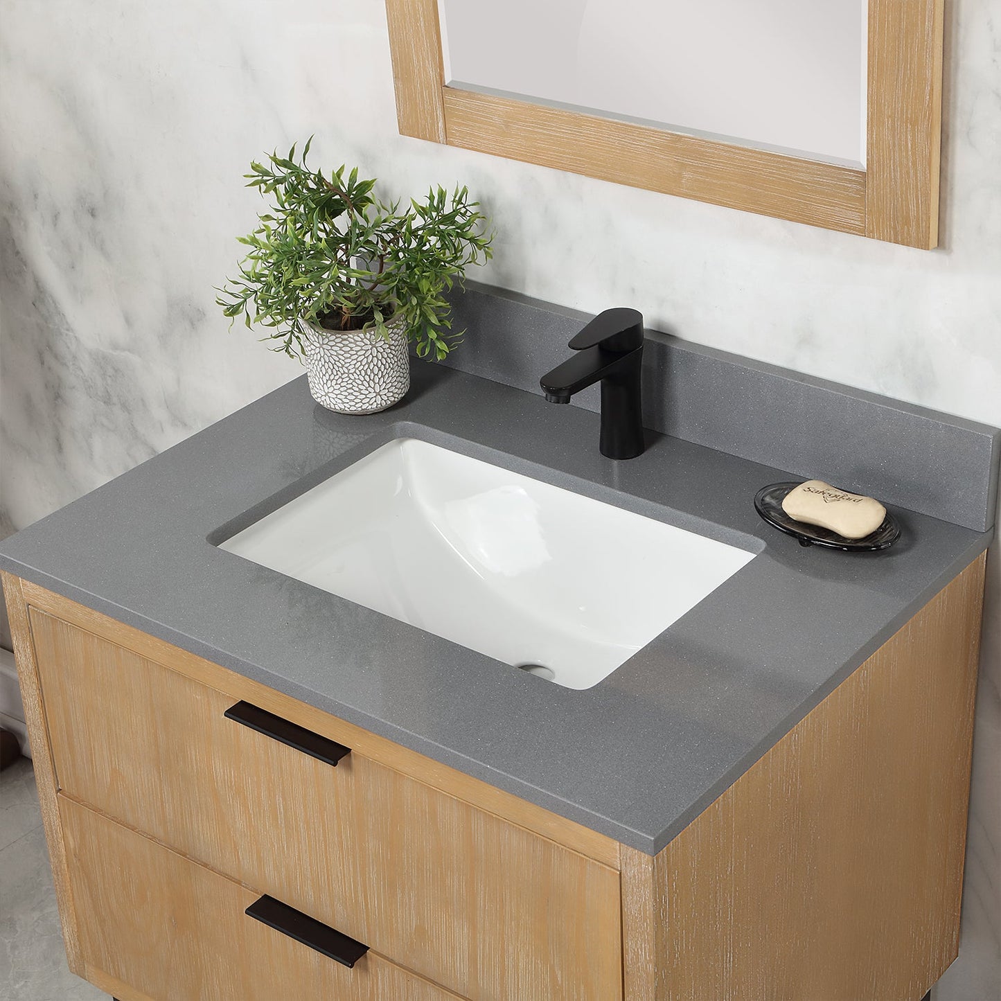 Helios 30" Single Bathroom Vanity in Weathered Pine with Carrara White Engineered Stone Countertop with Mirror