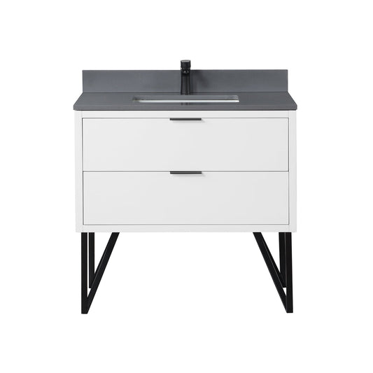 Helios 36" Single Bathroom Vanity in White with Concrete Gray Engineered Stone Countertop without Mirror