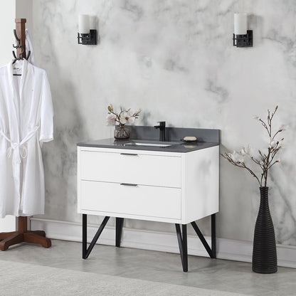 Helios 36" Single Bathroom Vanity in White with Concrete Gray Engineered Stone Countertop without Mirror