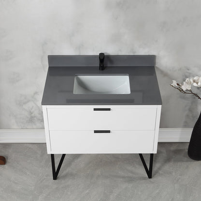 Helios 36" Single Bathroom Vanity in White with Concrete Gray Engineered Stone Countertop without Mirror