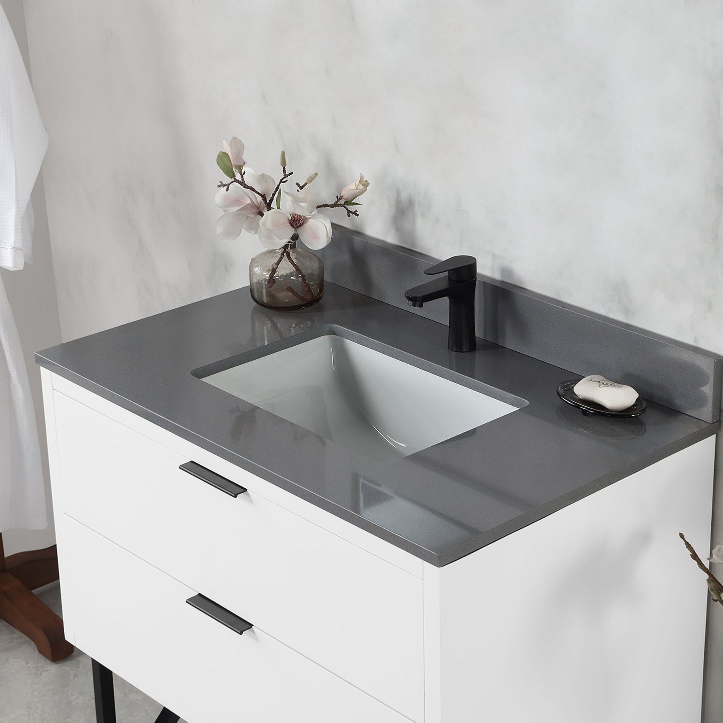 Helios 36" Single Bathroom Vanity in White with Concrete Gray Engineered Stone Countertop without Mirror