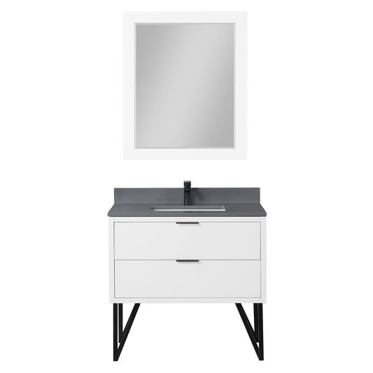 Helios 36" Single Bathroom Vanity in White with Concrete Gray Engineered Stone Countertop with Mirror