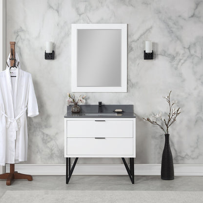 Helios 36" Single Bathroom Vanity in White with Concrete Gray Engineered Stone Countertop with Mirror